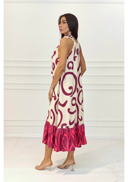 Fuşya Desenli Boyundan Bağlamalı Cepli Uzun Elbise indirimleri