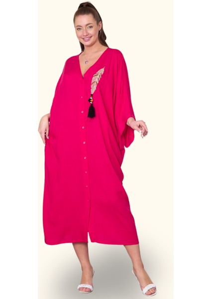Fuşya V Yaka Tüy Nakışlı Boncuklu Cepli Oversize Uzun Elbise