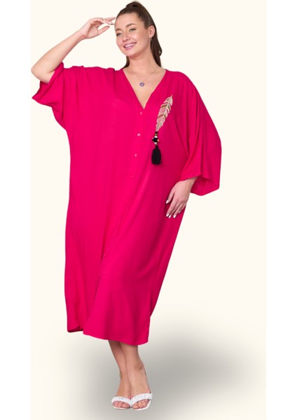 Fuşya V Yaka Tüy Nakışlı Boncuklu Cepli Oversize Uzun Elbise fiyatları