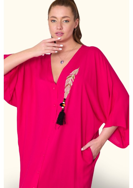 Fuşya V Yaka Tüy Nakışlı Boncuklu Cepli Oversize Uzun Elbise modelleri