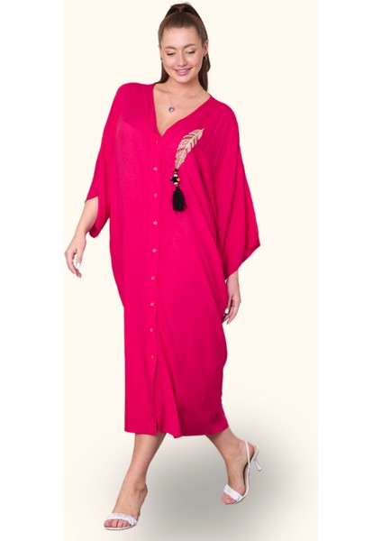 Fuşya V Yaka Tüy Nakışlı Boncuklu Cepli Oversize Uzun Elbise fırsatları