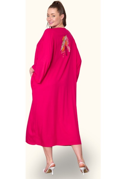 Fuşya V Yaka Tüy Nakışlı Boncuklu Cepli Oversize Uzun Elbise indirimleri