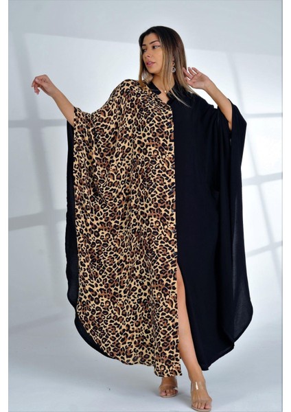 Siyah Leopar Renk Bloklu Sıfır Yaka Önden Düğmeli Cepli Oversize Uzun Elbise