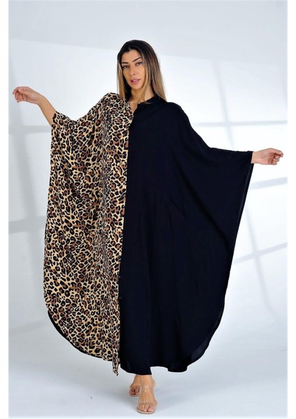 Siyah Leopar Renk Bloklu Sıfır Yaka Önden Düğmeli Cepli Oversize Uzun Elbise fiyatları