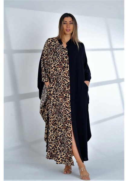 Siyah Leopar Renk Bloklu Sıfır Yaka Önden Düğmeli Cepli Oversize Uzun Elbise modelleri
