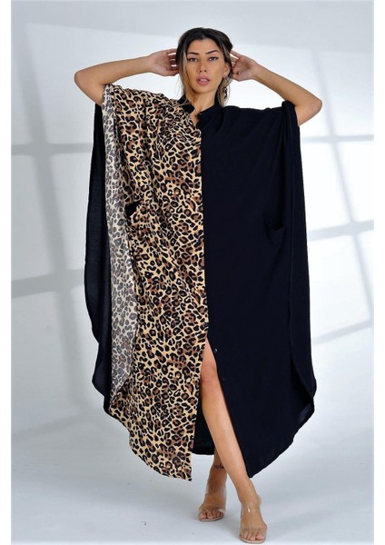 Siyah Leopar Renk Bloklu Sıfır Yaka Önden Düğmeli Cepli Oversize Uzun Elbise fırsatları
