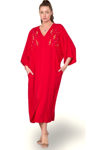 Kırmızı V Yaka Önü Nota Nakışlı Cepli Oversize Uzun Gömlek Elbise