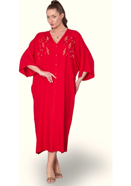 Kırmızı V Yaka Önü Nota Nakışlı Cepli Oversize Uzun Gömlek Elbise fiyatları