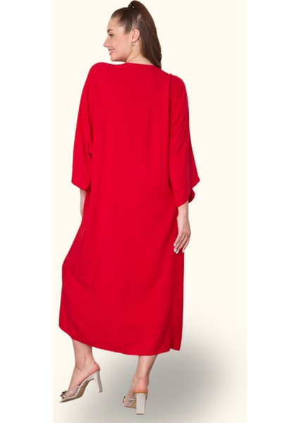 Kırmızı V Yaka Önü Nota Nakışlı Cepli Oversize Uzun Gömlek Elbise fırsatları
