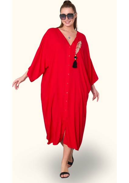 Kırmızı V Yaka Tüy Nakışlı Boncuklu Cepli Oversize Uzun Elbise