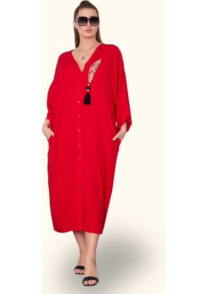 Kırmızı V Yaka Tüy Nakışlı Boncuklu Cepli Oversize Uzun Elbise fiyatları