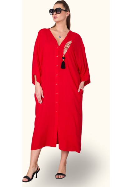Kırmızı V Yaka Tüy Nakışlı Boncuklu Cepli Oversize Uzun Elbise fırsatları