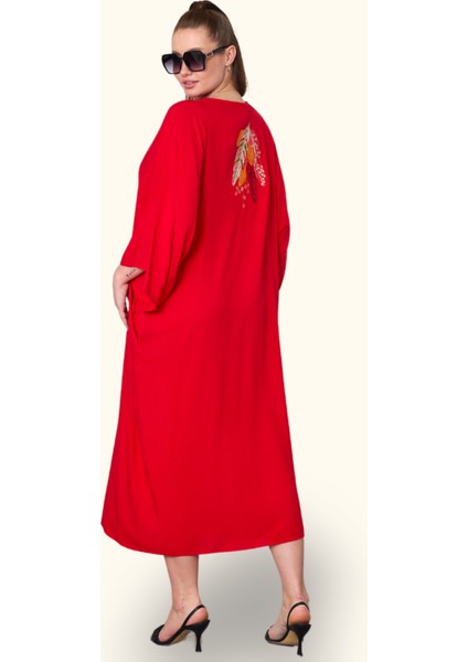 Kırmızı V Yaka Tüy Nakışlı Boncuklu Cepli Oversize Uzun Elbise indirimleri