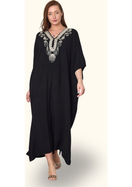 Siyah V Yaka Nakışlı Cepli Oversize Uzun Elbise