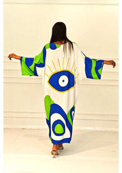 Yeşil Desenli Sırtı Göz Baskılı Cepli Oversize Uzun Gömlek Elbise