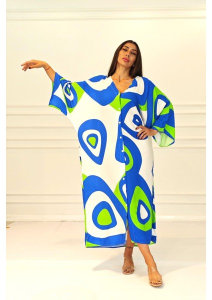 Yeşil Desenli Sırtı Göz Baskılı Cepli Oversize Uzun Gömlek Elbise modelleri