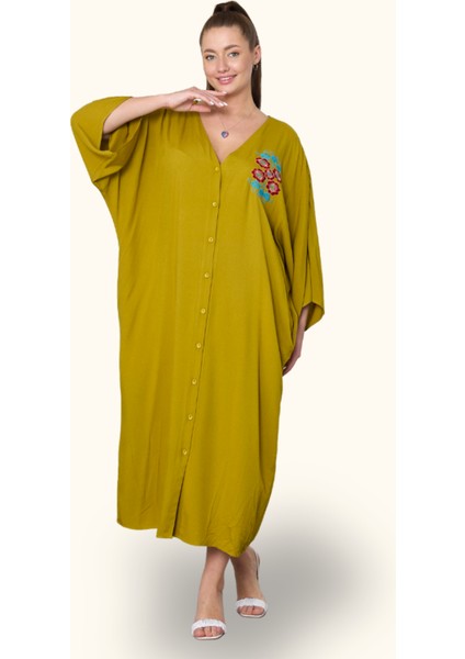 Hardal Rengi V Yaka Sırtı ve Göğsü Çiçek Nakışlı Cepli Oversize Uzun Gömlek Elbise fiyatları