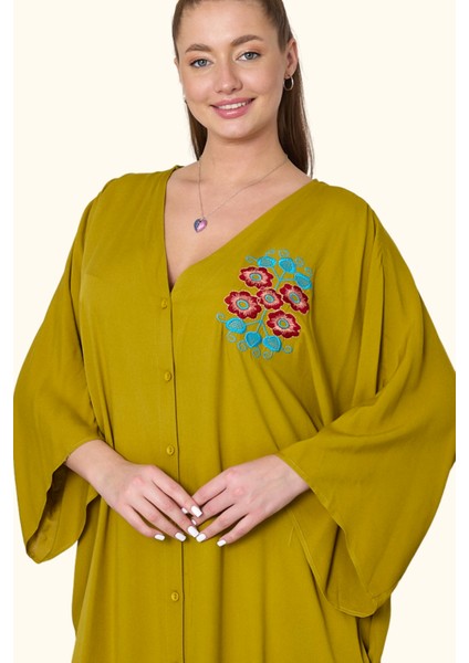 Hardal Rengi V Yaka Sırtı ve Göğsü Çiçek Nakışlı Cepli Oversize Uzun Gömlek Elbise modelleri