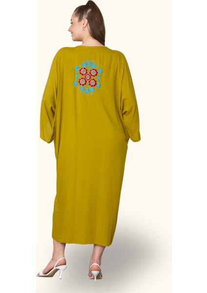 Hardal Rengi V Yaka Sırtı ve Göğsü Çiçek Nakışlı Cepli Oversize Uzun Gömlek Elbise fırsatları