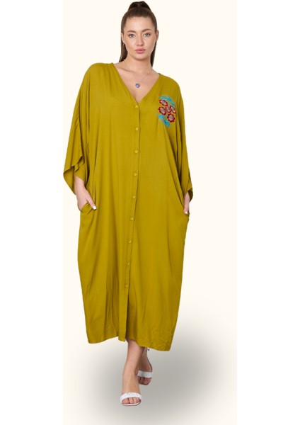 Hardal Rengi V Yaka Sırtı ve Göğsü Çiçek Nakışlı Cepli Oversize Uzun Gömlek Elbise indirimleri