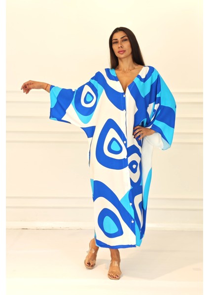 Mavi Desenli Sırtı Göz Baskılı Cepli Oversize Uzun Gömlek Elbise fırsatları
