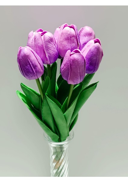 Yapay Lüks 5 Adet Islak Lale Buketi Gerçek Doku Mor Renk 32 cm