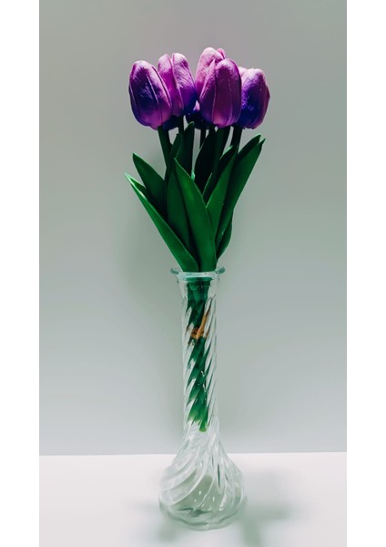 Yapay Lüks 5 Adet Islak Lale Buketi Gerçek Doku Mor Renk 32 cm