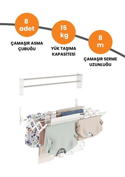 Breezedry Duvara Monte Yer Tasarruflu Pratik Dayanıklı Metal Akordiyon Çamaşır ASKISI-100 cm Beyaz