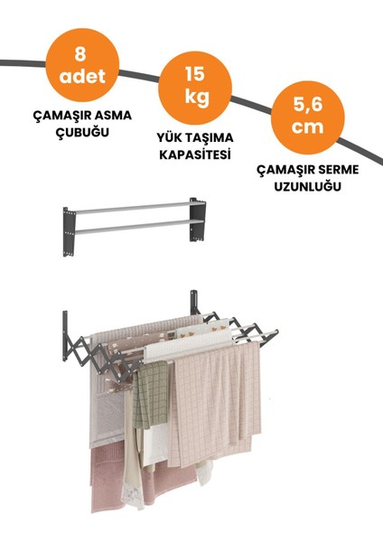 Breezedry 70CM Duvara Monte Yer Tasarruflu ve Pratik Akordiyon Çamaşır Askısı-70 cm Antrasit