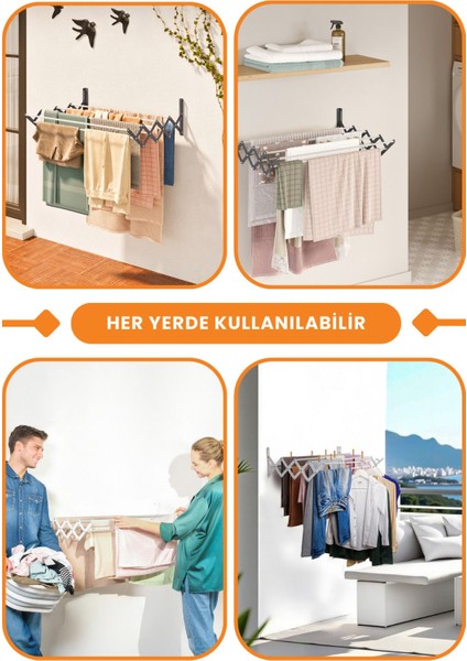 Breezedry 70CM Duvara Monte Yer Tasarruflu ve Pratik Akordiyon Çamaşır Askısı-70 cm Antrasit