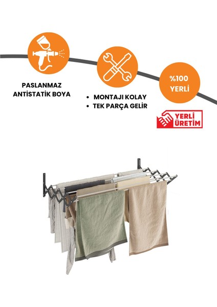 Breezedry Duvara Monte Yer Tasarruflu Pratik Dayanıklı Akordiyon Çamaşır ASKISI-120 cm Antrasit