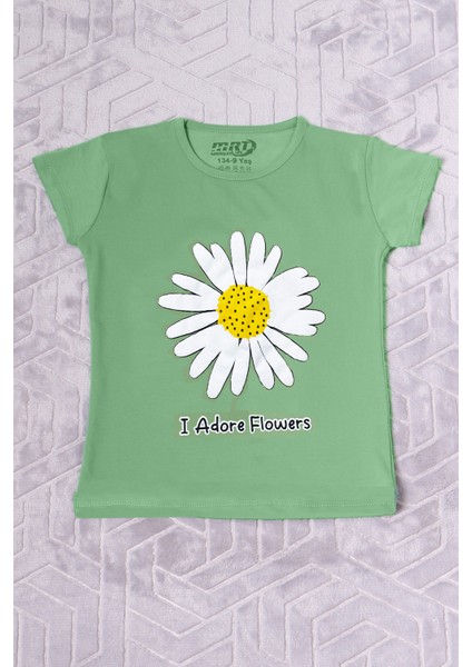 Kız Çocuk Tshirt Papatya Baskılı Bisiklet Yaka D26