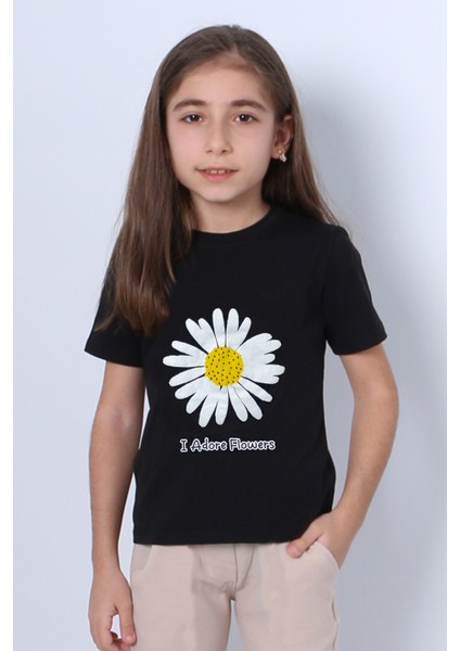 Kız Çocuk Tshirt Papatya Baskılı Bisiklet Yaka D26