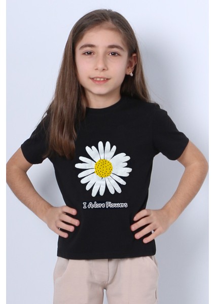 Kız Çocuk Tshirt Papatya Baskılı Bisiklet Yaka D26