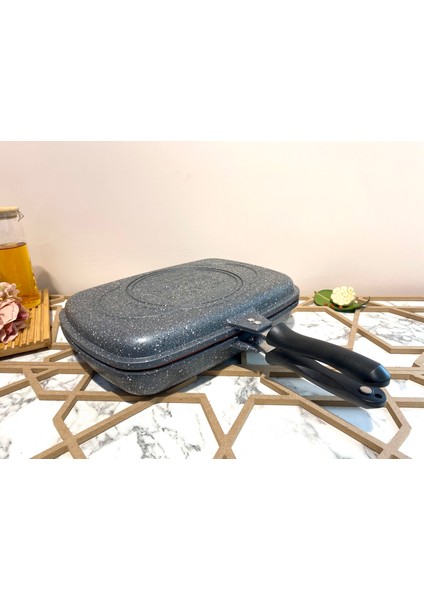 2 Parça Ayrılabilir Başık Tava Double Grill Tava-Gri
