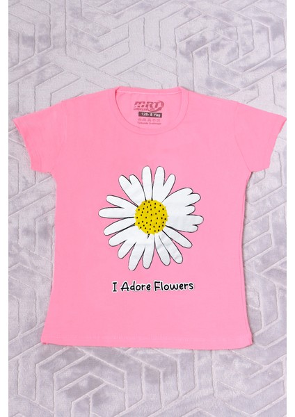 Kız Çocuk Tshirt Papatya Baskılı Bisiklet Yaka D26