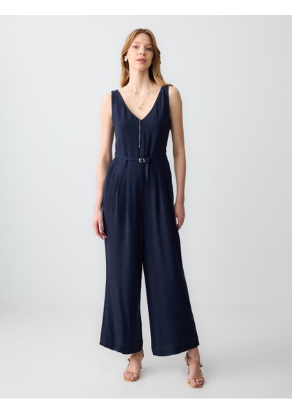 Lacivert Düz Kesim Kemer Detaylı Kolsuz Dokuma Keten Tulum