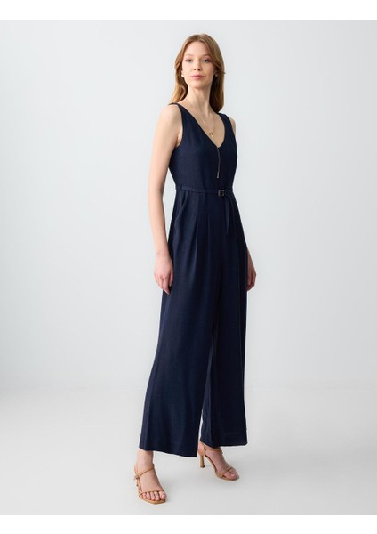 Lacivert Düz Kesim Kemer Detaylı Kolsuz Dokuma Keten Tulum modelleri