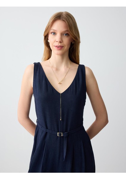 Lacivert Düz Kesim Kemer Detaylı Kolsuz Dokuma Keten Tulum fırsatları