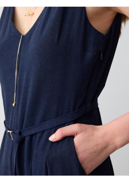 Lacivert Düz Kesim Kemer Detaylı Kolsuz Dokuma Keten Tulum indirimleri