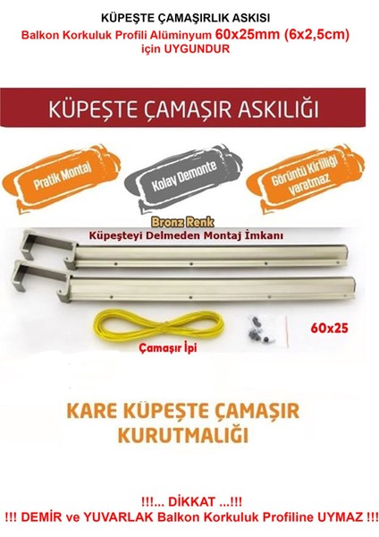 Balkon Çamaşır Kurutma Askısı Alüminyum Küpeşte Çamaşır Askılığı Kurutmalık Kare 6x2.5 cm