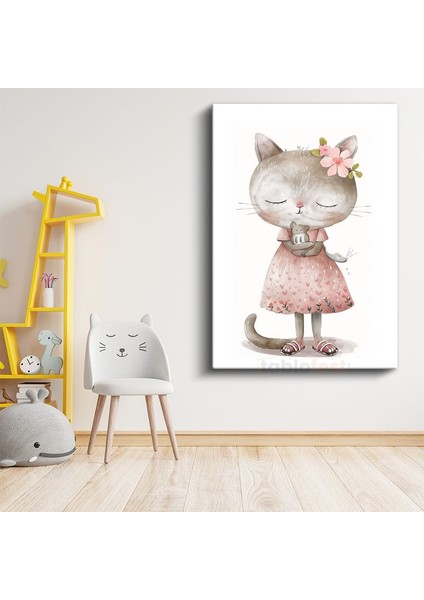 Kedi ve Fare - Pembe Elbiseli Sevimli Dostlar Kanvas Tablo