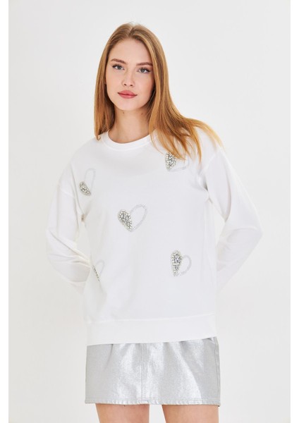 Kalpli Taş Baskılı Sweatshirt