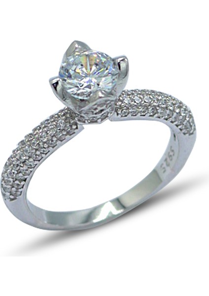 Tek Taş Baget Tasarım Gold Kaplama 925 Ayar Gümüş Kadın Yüzük 201024011