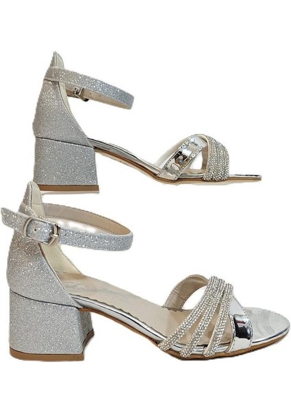 9052 Gümüş Simli Çapraz Üçbant Kız Çocuk Abiye Topuklu