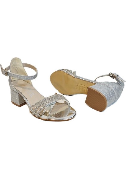 9052 Gümüş Simli Çapraz Üçbant Kız Çocuk Abiye Topuklu modelleri