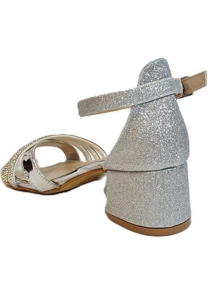 9052 Gümüş Simli Çapraz Üçbant Kız Çocuk Abiye Topuklu fırsatları