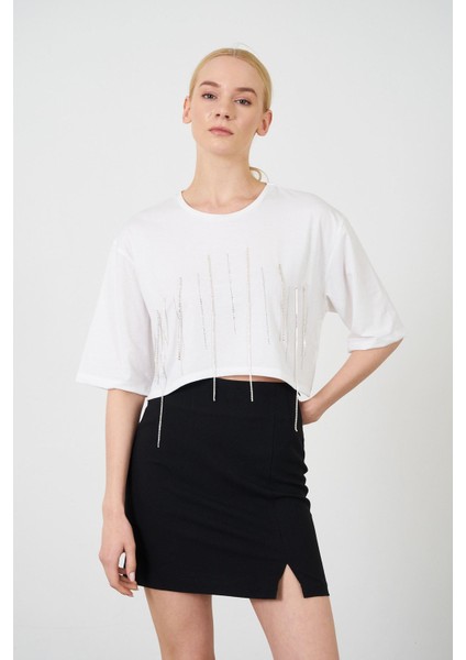 Taş Detaylı Crop T-Shirt