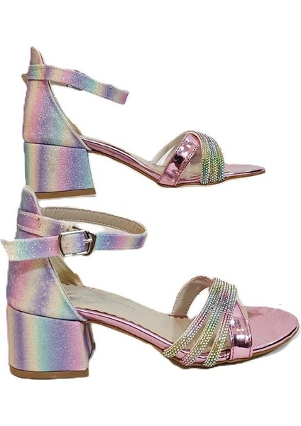 9052 Gümüş Simli Çapraz Üçbant Kız Çocuk Abiye Topuklu