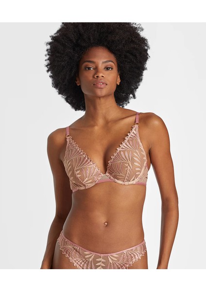 Sensory Illusion Üçgen Balenli Sütyen Dantelli Şeffaf F Cupa Kadar Bitki Motifli Altın Detaylı modelleri